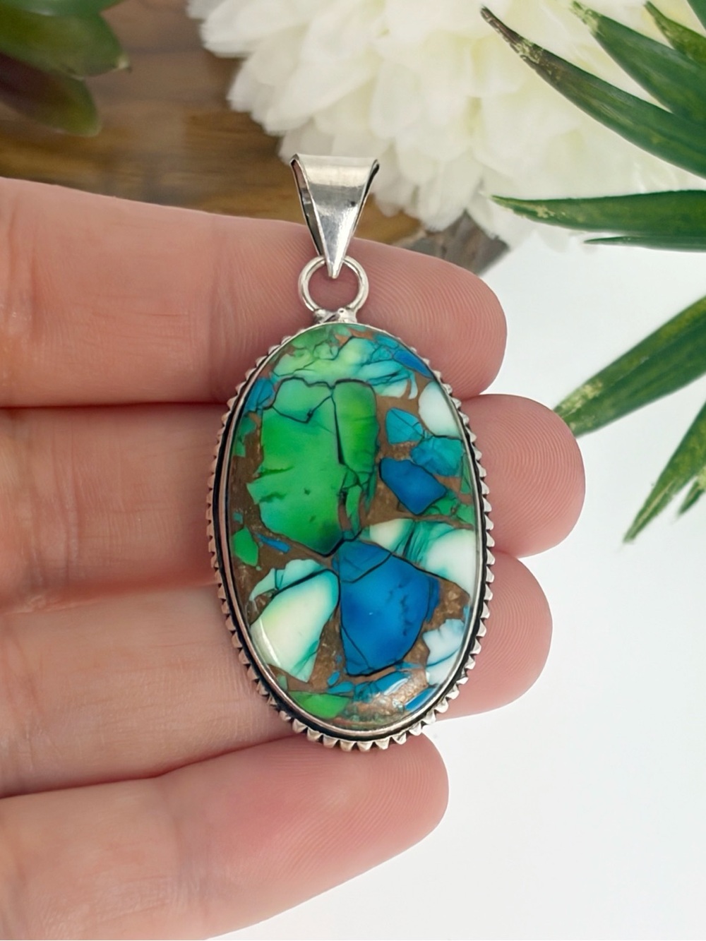 Vintage Southwest Boho Style Chunky Peacock Dahlia Turquoise Pendant 925 Overlay